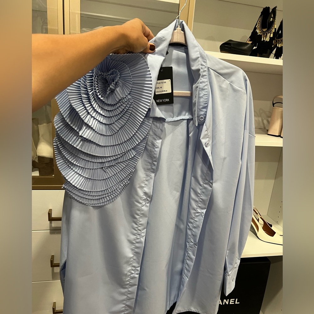Light Blue Pleated Accent Blouse